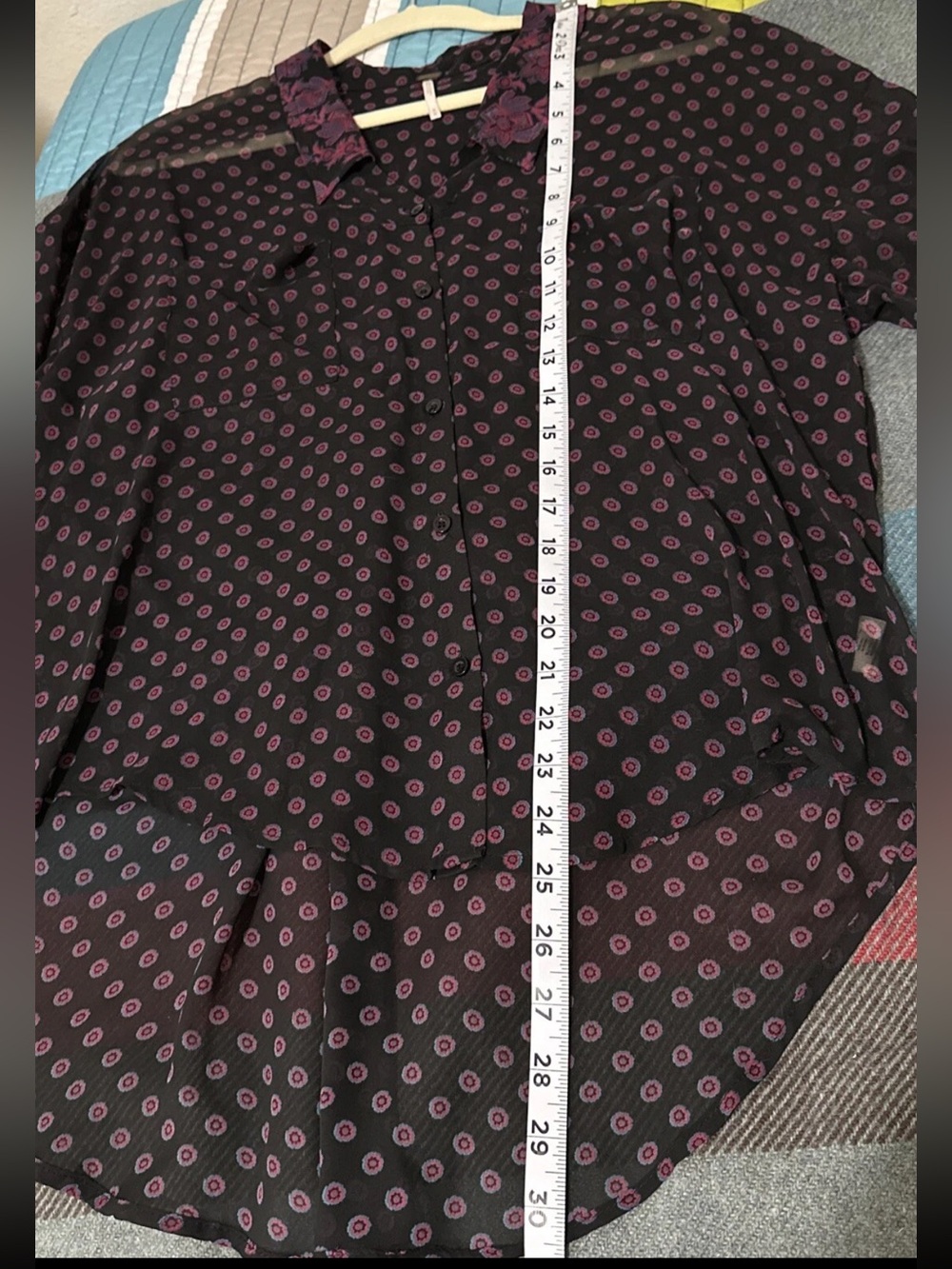 #302 FREE PEOPLE Black Sheer Button-Down Shirt with Purple Dot Print - Picture 6 of 8